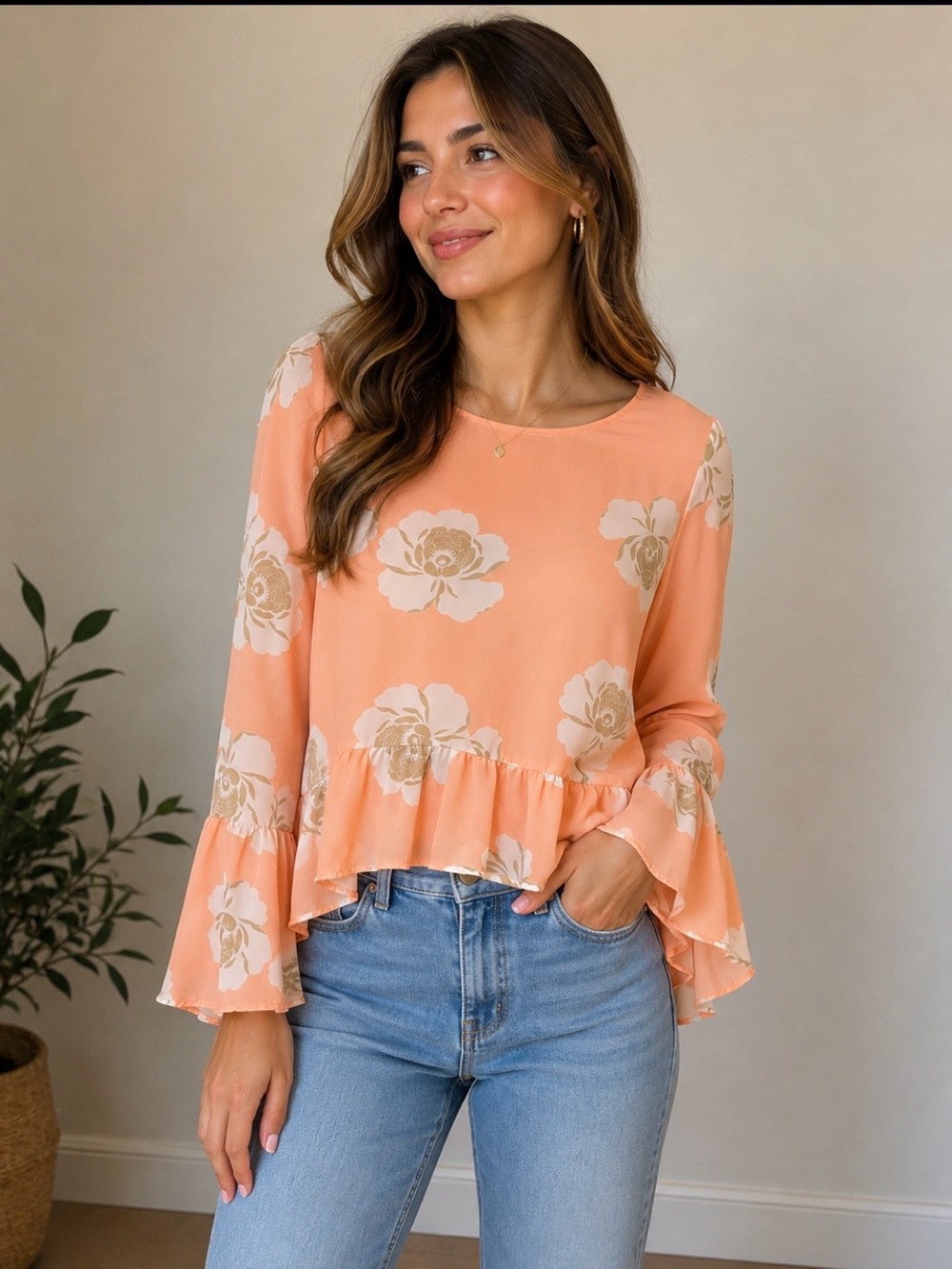 a.n.a Peach Floral Ruffle Hem Blouse!